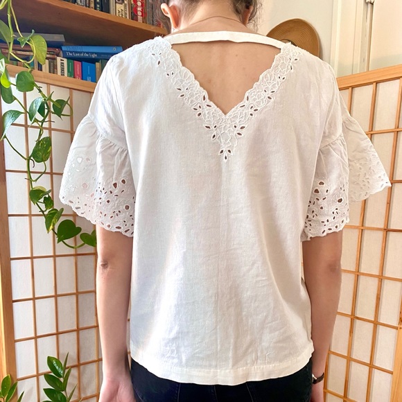 Linen Eyelet Broderie Flutter Sleeve Blouse - Picture 12 of 16